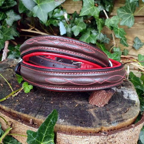 'The Bibury' Stitched Leather Dog Lead Dark Brown and Red Stitching
