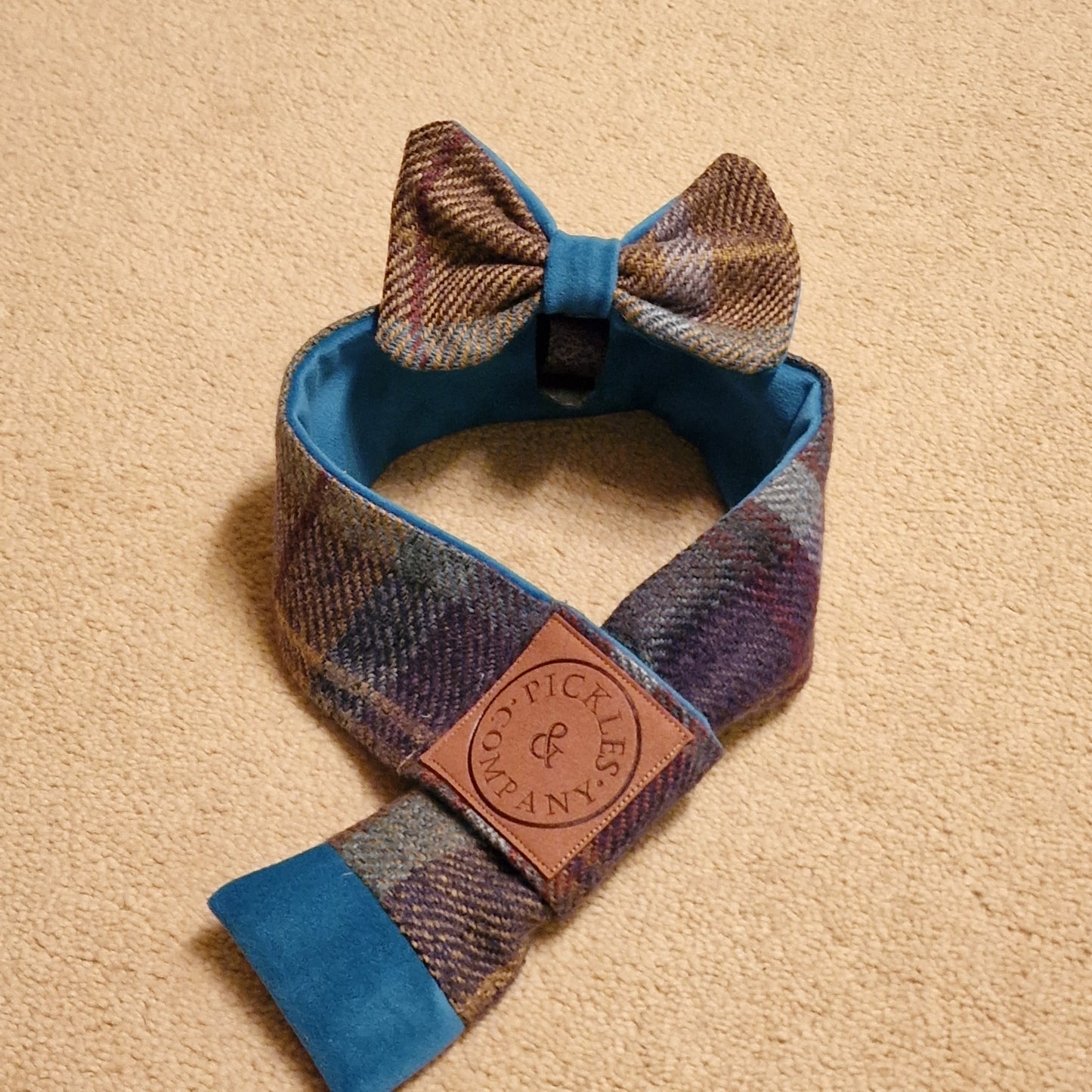 Teal & Brown check Tweed and Teal velvet Dog Scarf