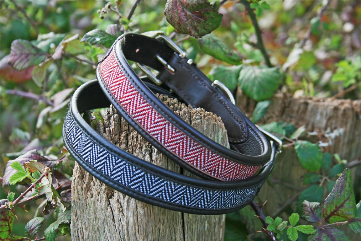 'The Burford' Herringbone & Leather Dog Collar RED & WHITE