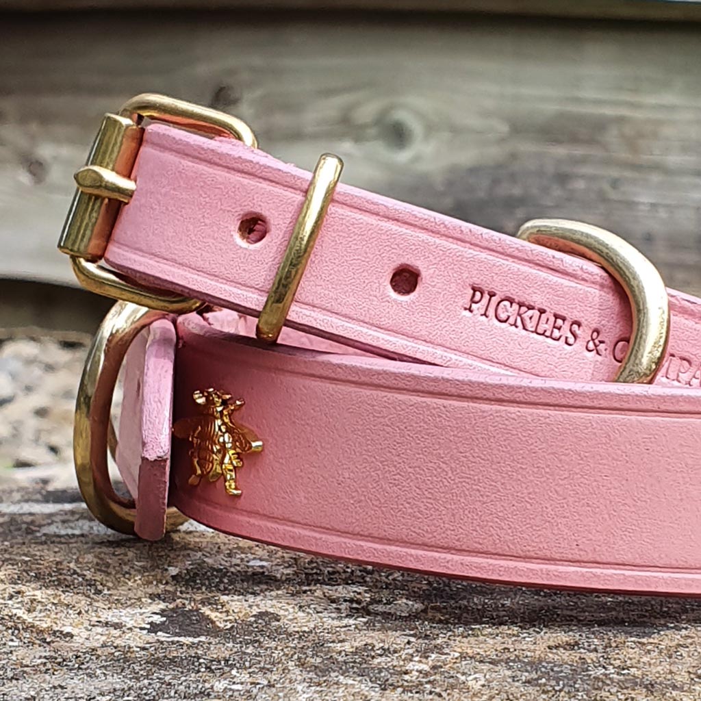 'The Bumble' Golden Bees Pink Leather Dog Collar
