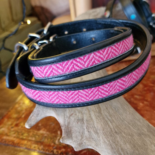 Pink Herringbone Tweed & leather Dog Collar