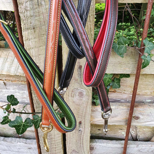 'The Bibury' Stitched Leather Dog Lead Dark Brown and Red Stitching