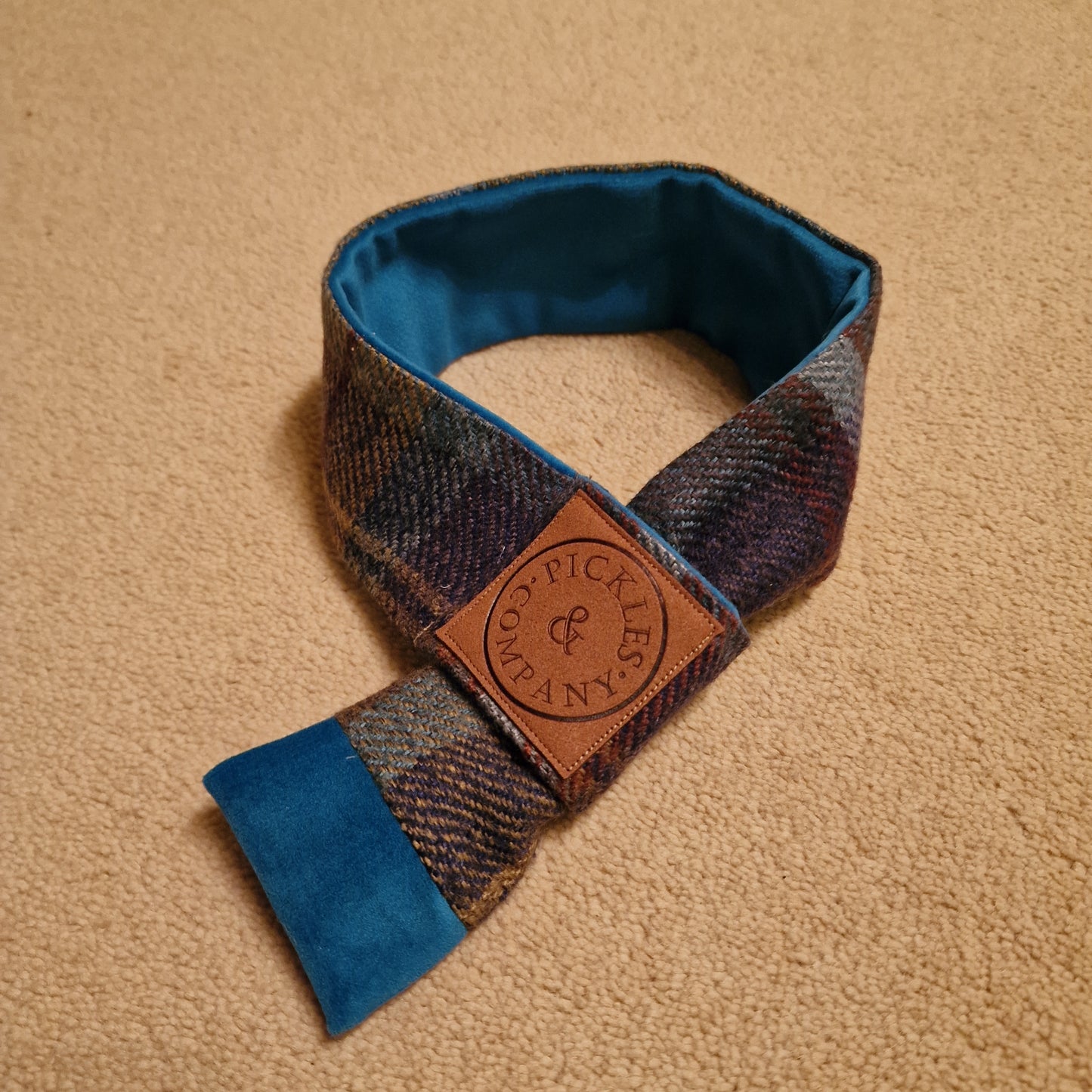 Teal & Brown check Tweed and Teal velvet Dog Scarf