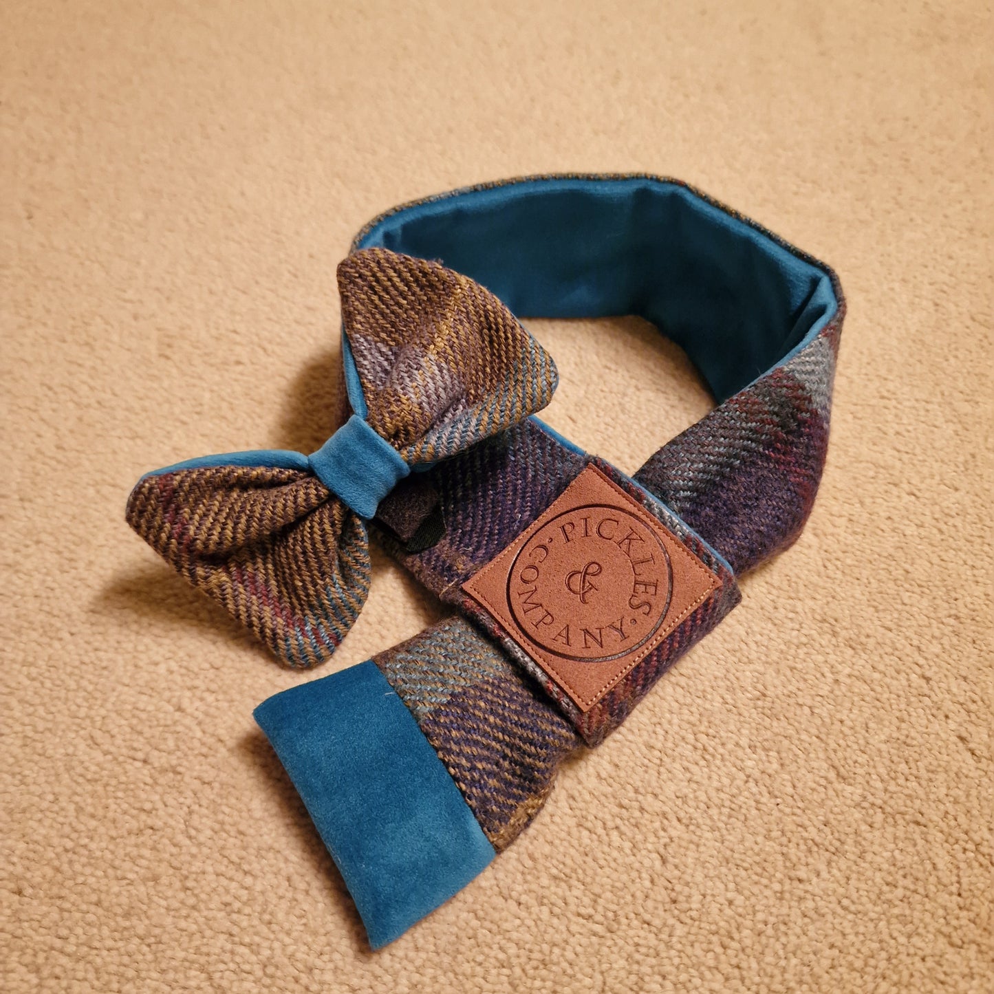 Teal & Brown check Tweed and Teal velvet Dog Scarf