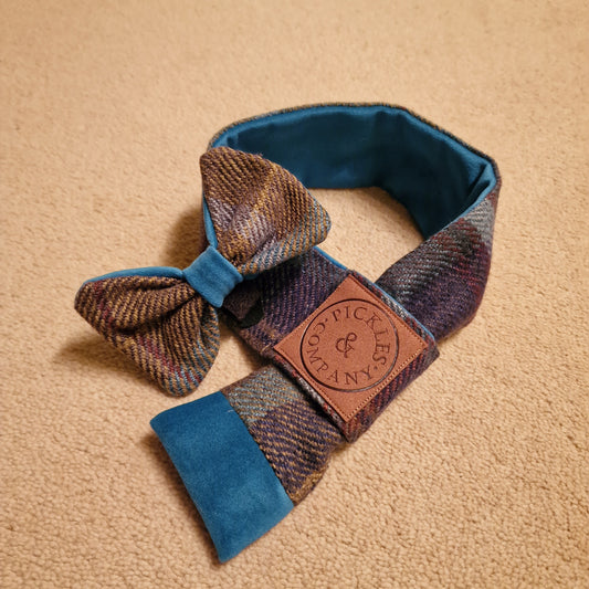 Teal & Brown check Tweed and Teal velvet Dog Scarf