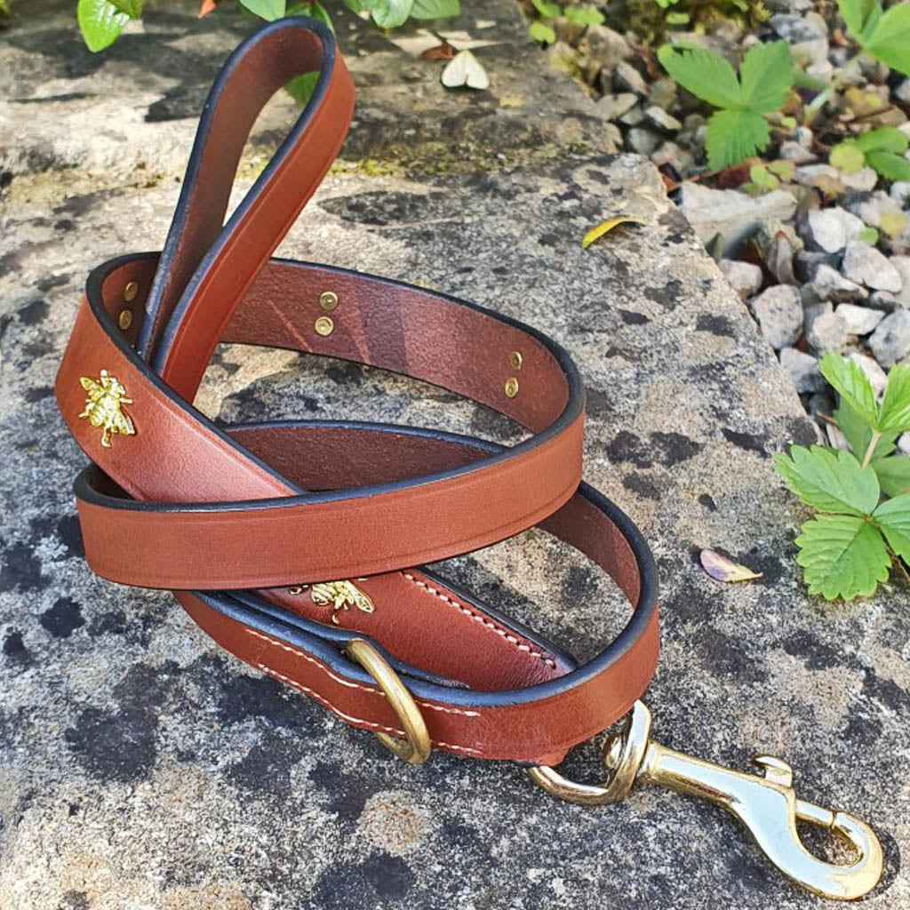 'The Bumble' Dark TAN Leather 'Bee' rivets Dog Lead.