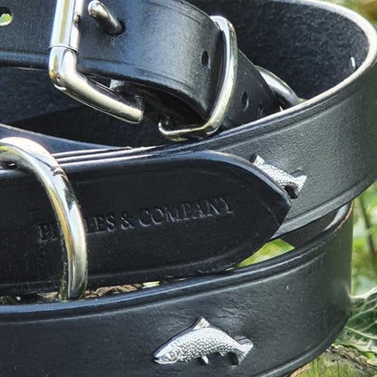 'The Tay' Silver Salmon & Black Leather Dog Collar