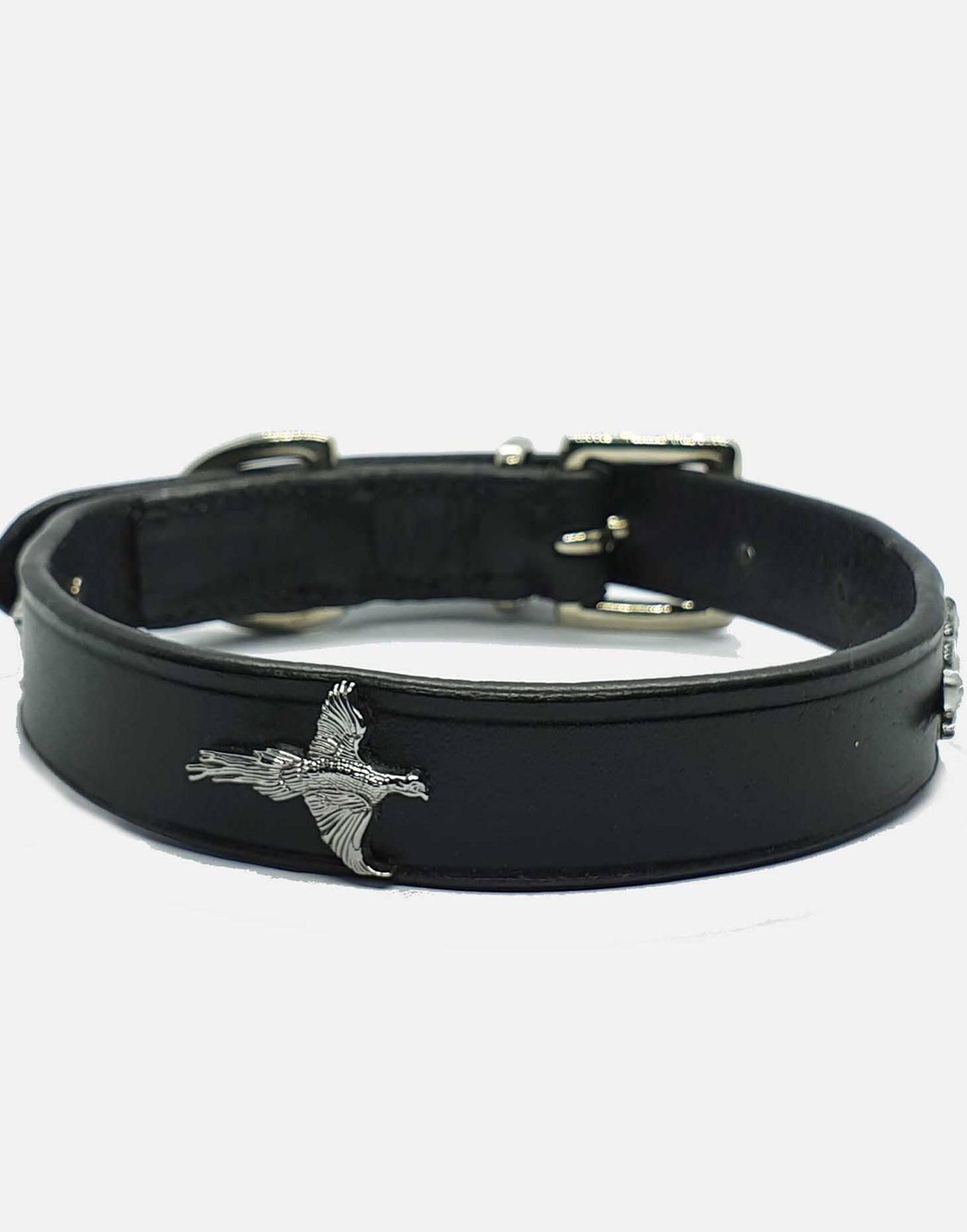 'The Blenheim' Silver Pheasants & Black Leather Dog Collar