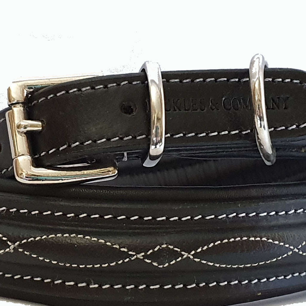 'THE BIBURY' Stitched Leather Padded Dog Collar - Black with white stitching