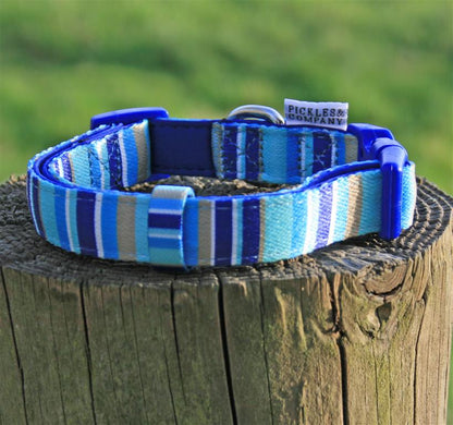 ' BLUE STRIPES' Printed Webbing and soft Neoprene Dog Collar