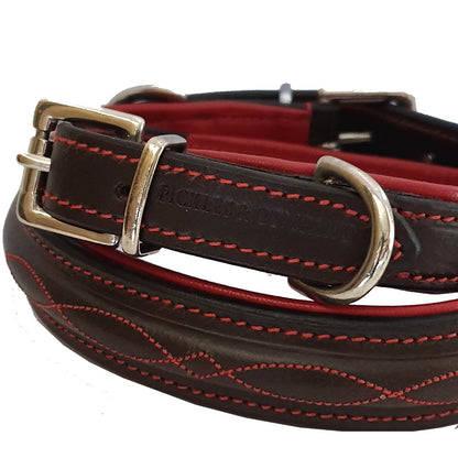 'THE BIBURY' Stitched Leather Padded Dog Collar - Dark Brown and Red