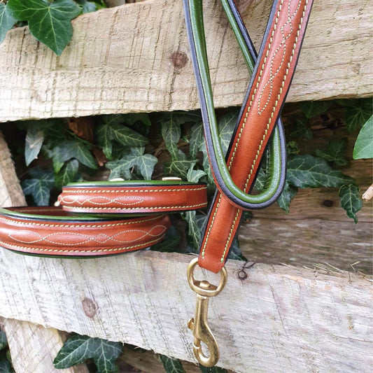 'THE BIBURY' Stitched Leather Padded Dog Collar - Tan and Green