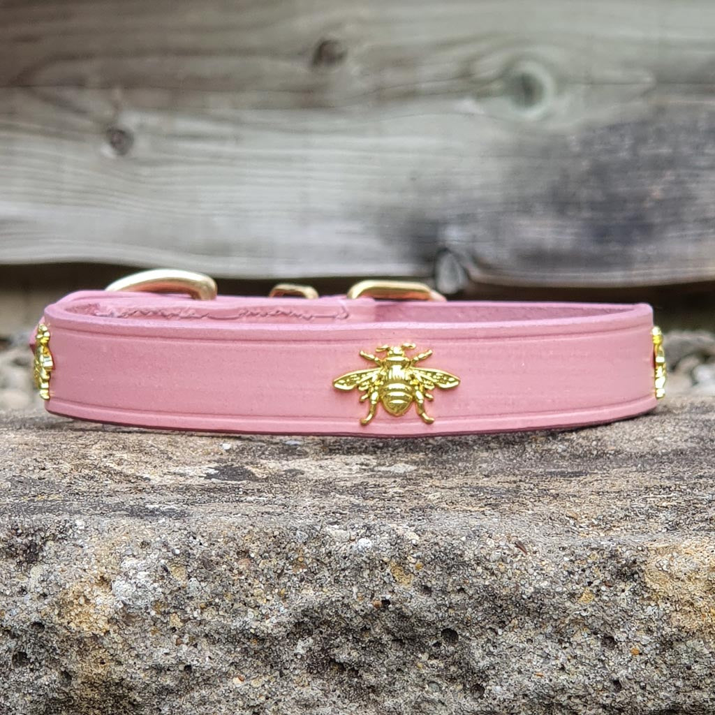 'The Bumble' Golden Bees Pink Leather Dog Collar