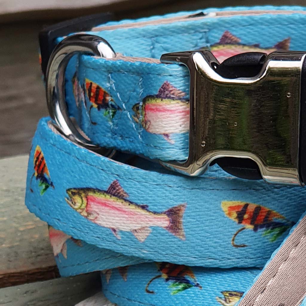 'Leaping Salmon' Printed Webbing and soft Neoprene Dog Collar